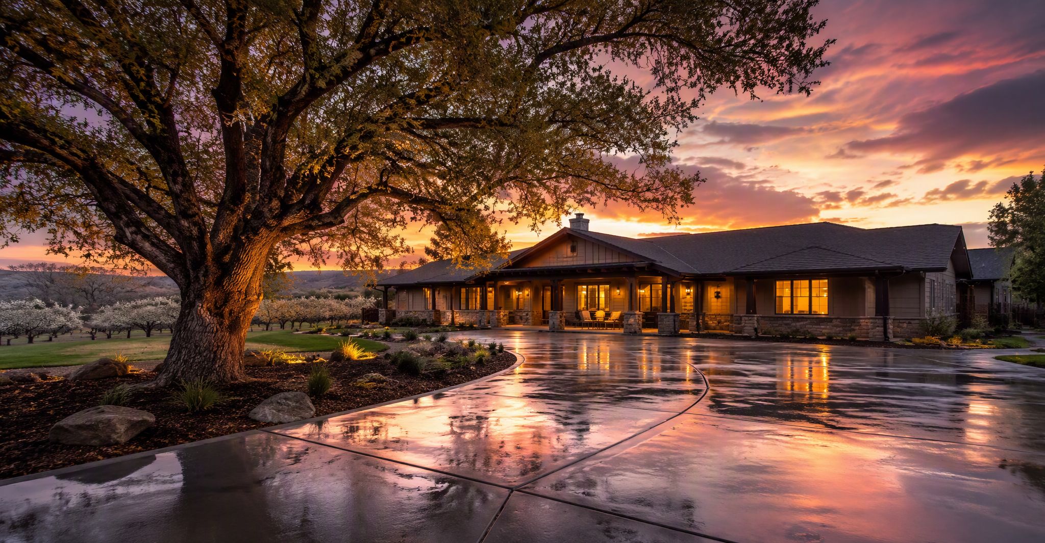Single-story ranch home in Chico at golden hour, a mature valley oak and blooming orchard rows behind a rain-wet reflective driveway